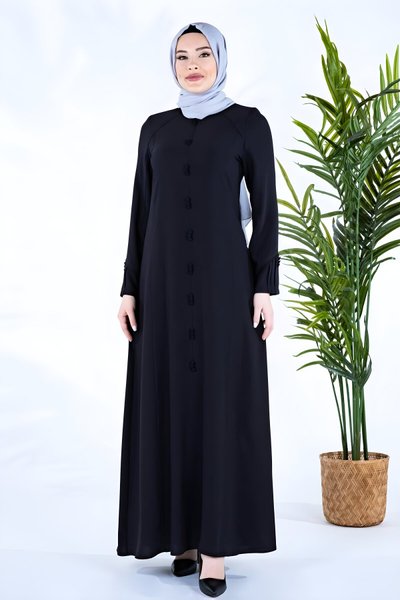 Siyah Derin Kuplu Manşeti Nervür Detaylı Düğmeli Tesettür Elbise