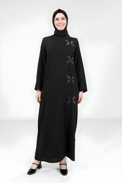 Siyah Kelebek Taşlı Tesettür Abiye Elbise