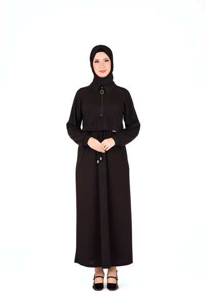 Siyah Örme Ön Kısmı Fermuarlı Tesettür Elbise