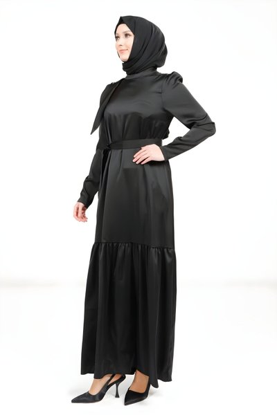 Siyah Saten Kuşaklı Omuz Detaylı Tesettür Abiye Elbise