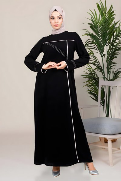 Siyah Spor Kum Krep Seden Biyeli Tesettür Elbise