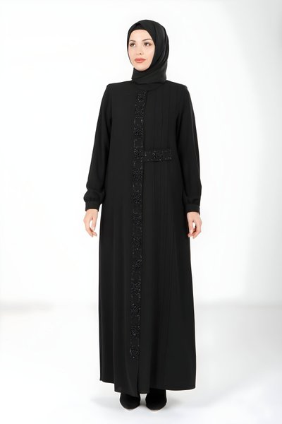 Siyah Tesettür Kare Taşlı Elbise