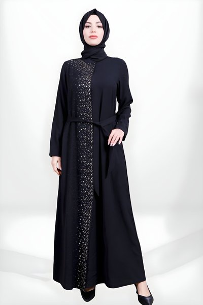 Siyah Tesettür Taş İşlemeli Beli Kuşaklı Abiye Elbise