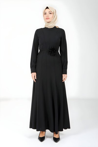 Siyah Uzun Gül Detaylı Tesettür Elbise