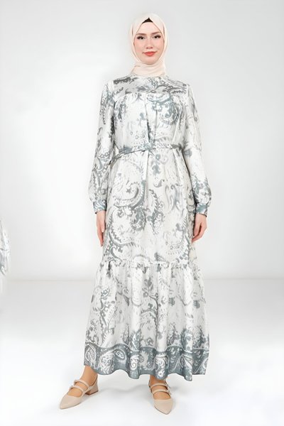 Yeşil Baskılı Desenli Tesettür Kemerli Elbise