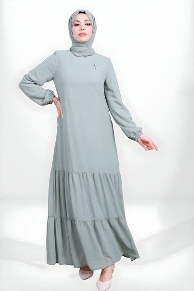 Yeşil Eteği Fırfırlı Kolu Lastikli Tesettür Elbise