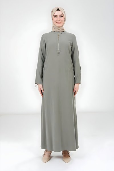 Yeşil Kolu Fermuar Detaylı Tesettür Elbise