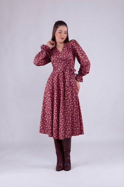 Açık Bordo Çiçek Desenli Midi Uzun Kol Kadife Kruvaze Yaka Elbise