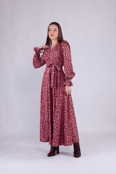 Açık Bordo Çiçek Desenli Uzun Kol Kadife Kruvaze Yaka Elbise