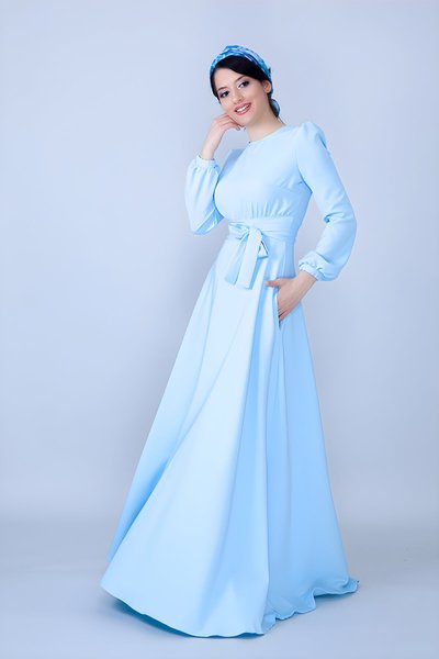 Bebe Mavi Uzun Kollu Beli Büzgülü Kuşaklı Tesettür Abiye Elbise