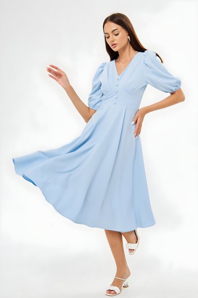 Bebe Mavisi Midi Balon Kol V Yaka Korsaj Kemer Detay Abiye Elbise