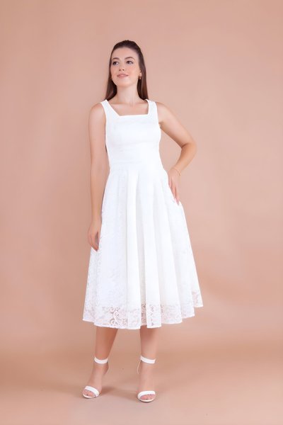 Beyaz Fransız Dantel Midi Kare Yaka Kalın Askılı Abiye Elbise