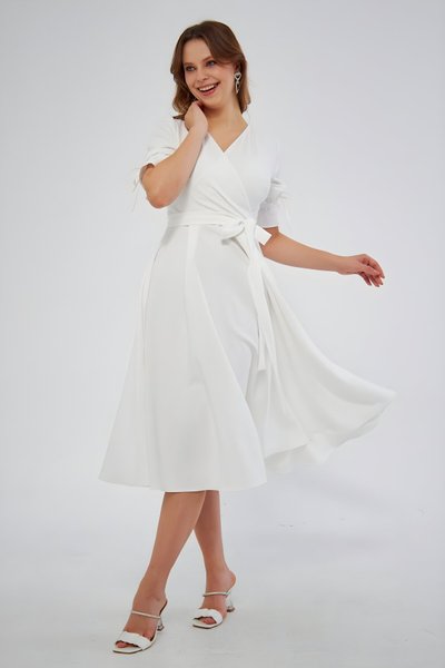 Beyaz Midi Kısa Kol Kruvaze Yaka Büzgülü Kolları Lastikli Kuşaklı Elbise