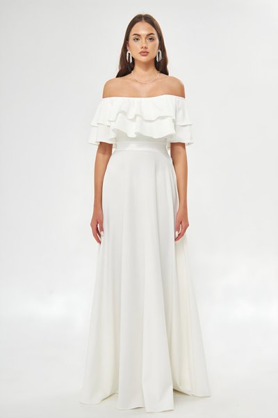 Long Flared Off-Shoulder Double-Layer Ruffle Detail Evening Dress - White