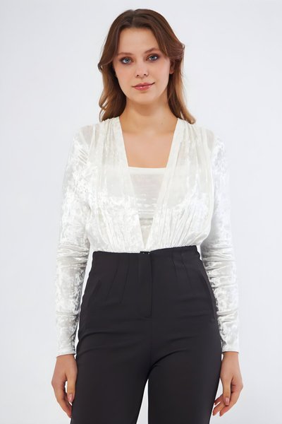 Long Sleeve Velvet Ruched Detail Snap-Button Bodysuit - White