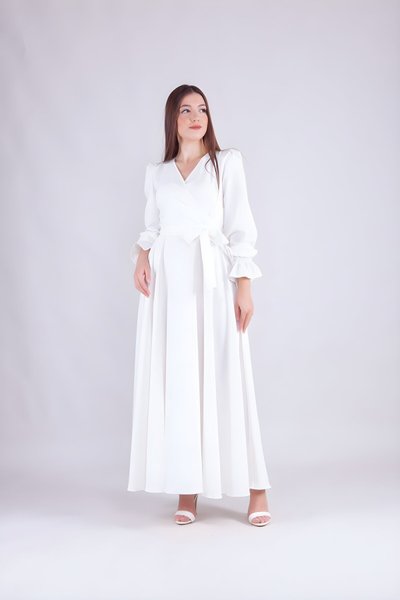 Beyaz Uzun Kruvaze Yaka Abiye Elbise