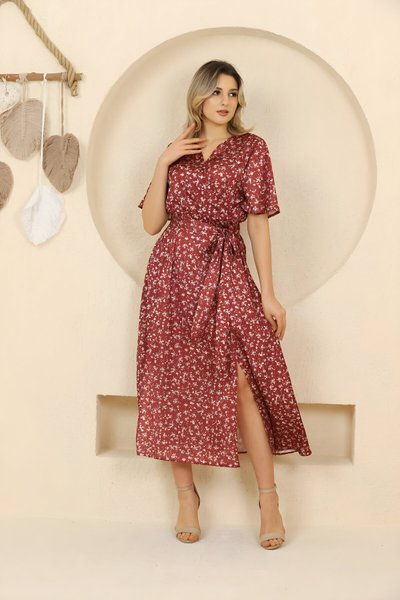 Bordo Çiçek Desenli Saten Midi Kruvaze Yaka Kısa Kol Elbise