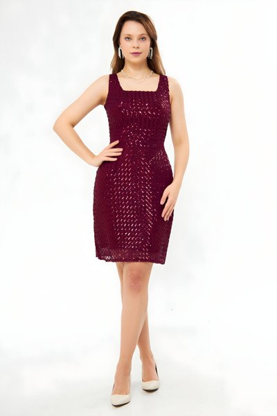 Mini Pencil Patterned Sequin Square Neck Evening Dress - Burgundy
