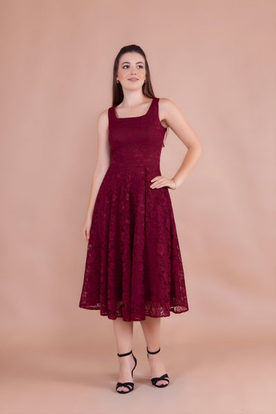 Bordo Fransız Dantel Midi Kare Yaka Kalın Askılı Abiye Elbise