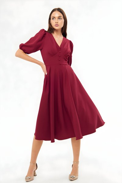 Bordo Midi Balon Kol V Yaka Korsaj Kemer Detay Elbise