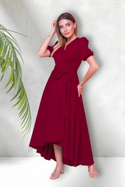 Bordo Midi Kısa Kol Asimetrik Kesim Kruvaze Yaka Elbise