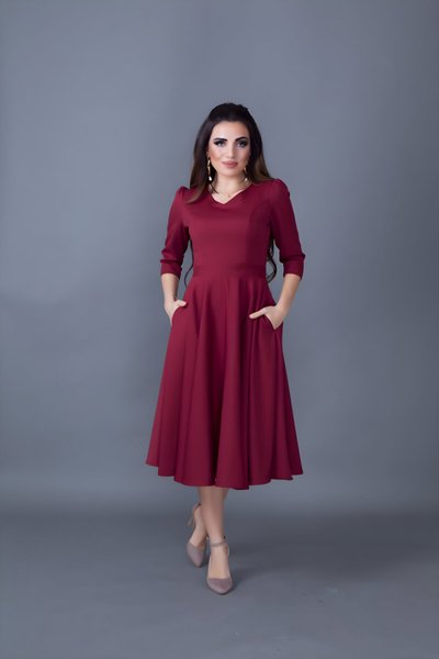 Bordo Midi Kloş V Yaka Cep Detaylı Elbise