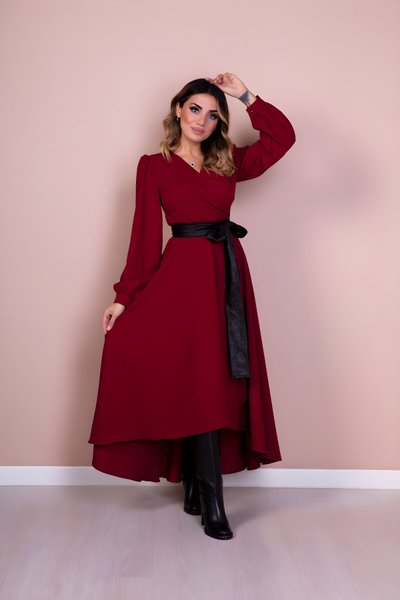 Bordo Siyah Uzun Kol Asimetrik Kesim Deri Kemerli Elbise