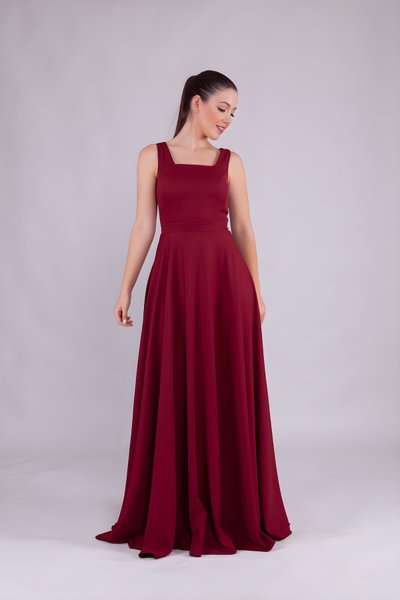 Bordo Uzun Kare Yaka Abiye Elbise