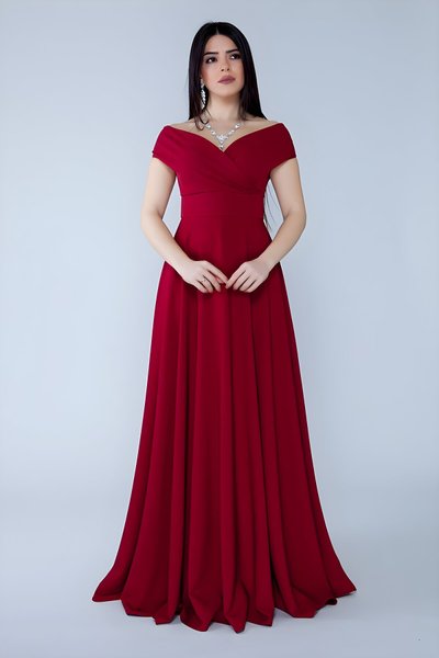 Bordo Uzun Kayık Yaka Düşük Omuz Abiye Elbise