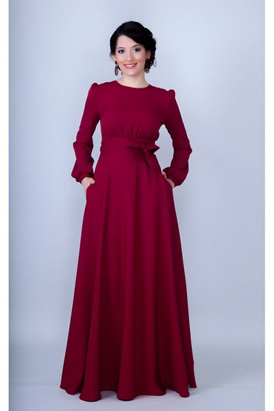 Bordo Uzun Kol Yuvarlak Yaka Dokuma Beli Büzgülü Kuşaklı Cepli Tesettür Abiye Elbise