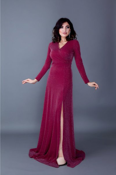 Bordo Uzun Kruvaze Yaka Simli Kumaş Abiye Elbise