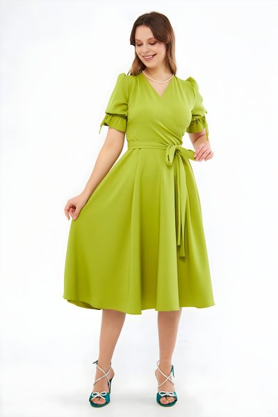 Fıstık Yeşili Kruvaze Yaka Büzgülü Kuşaklı Kısa Kol Lastikli Midi Elbise