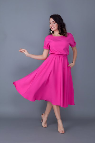 Fuşya Midi Yarasa Kol Beli Lastikli Cepli Elbise