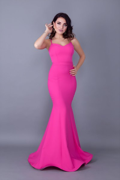 Fuşya Uzun Balık Model Straplez Askılı Sırtı İp Bağlamalı Abiye Elbise