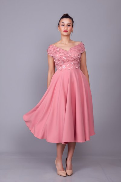 Midi Floral Tulle Detail Strappy Boat Neck Evening Dress - Dusty Rose