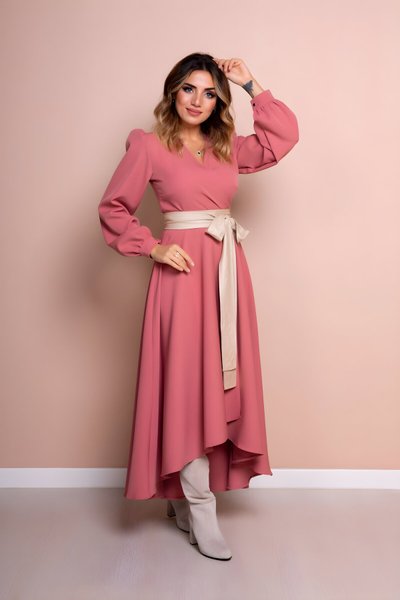 Gül Kurusu Krem Uzun Kol Asimetrik Kesim Deri Kemerli Elbise