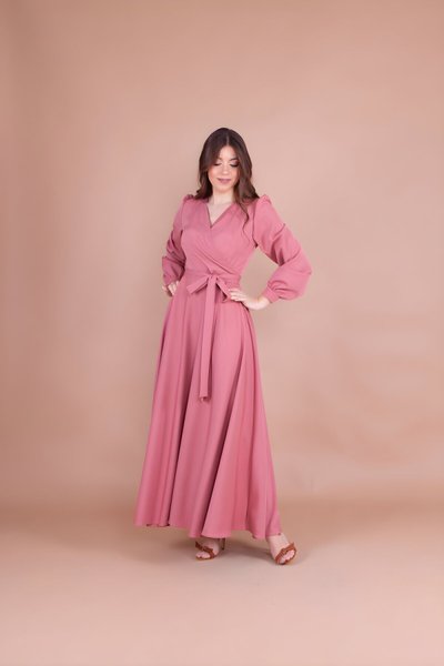 Gül Kurusu Kruvaze Yaka Kemerli Tesettür Elbise