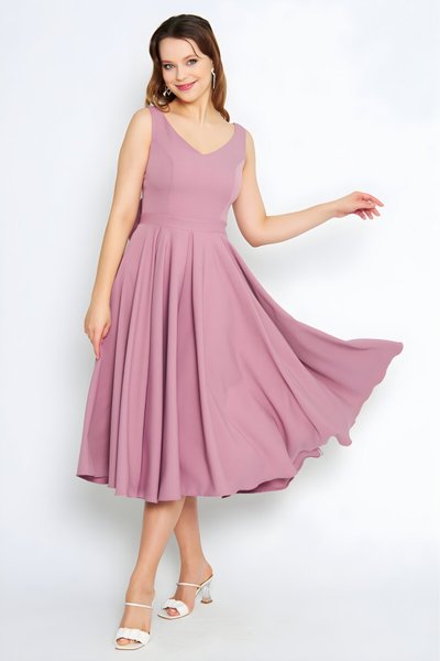 Gül Kurusu Midi Kloş V Yaka Pileli Sırtı Fiyonklu Abiye Elbise