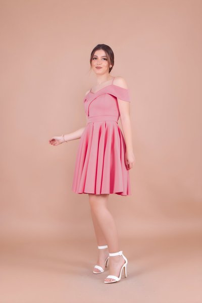 Gül Kurusu Mini Askılı Pileli Düşük Omuz Detaylı Abiye Elbise