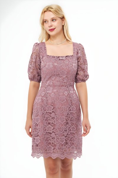 Gül Kurusu Mini Fransız Dantel Balon Kol Kare Yaka Abiye Elbise