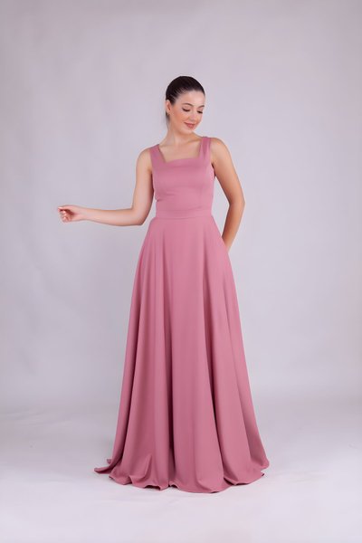 Gül Kurusu Uzun Kare Yaka Abiye Elbise