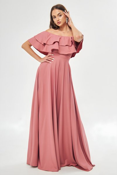 Gül Kurusu Uzun Kloş Düşük Omuz Çift Kat Fırfır Detay Yaka Abiye Elbise