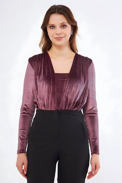 Gül Kurusu Uzun Kol Büzgü Detay Kadife Body