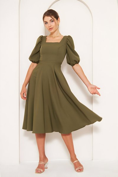 Haki Kare Yaka Balon Kol Lastikli Dokuma Midi Elbise