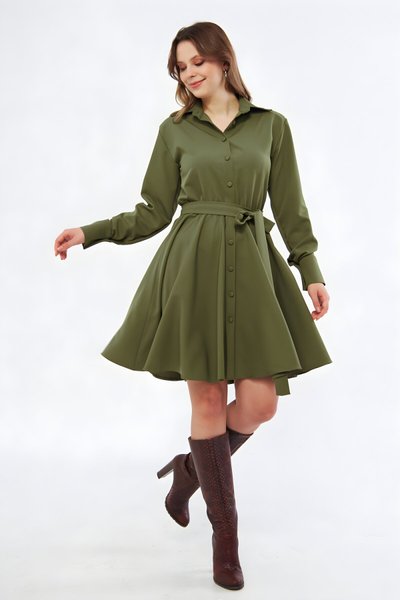 Haki Mini Gömlek Dokuma Dökümlü Kumaş Beli Lastikli Kuşaklı Uzun Kol Elbise