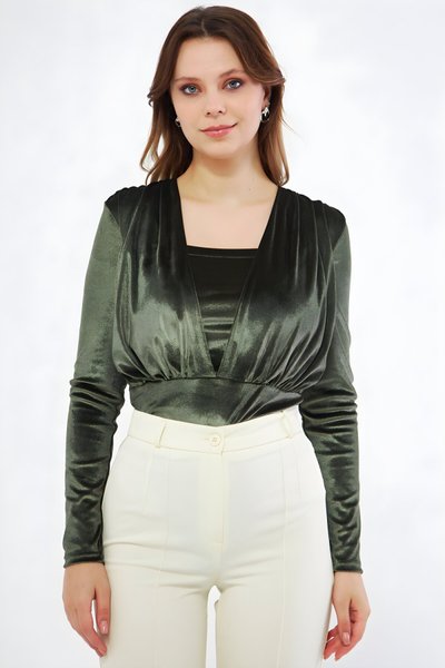 Haki Uzun Kol Kadife Büzgü Çıtçıtlı Body