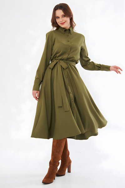 Haki Uzun Kol Midi Gömlek Kuşaklı Beli Lastikli Cepli Elbise