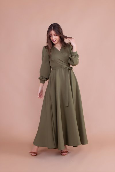 Haki Uzun Kruvaze Yaka Kemerli Elbise