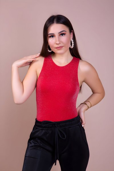 Kırmızı Örme Simli Çıtçıtlı Body