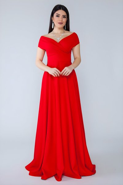 Long Wrap Boat-Neck Evening Dress - Red